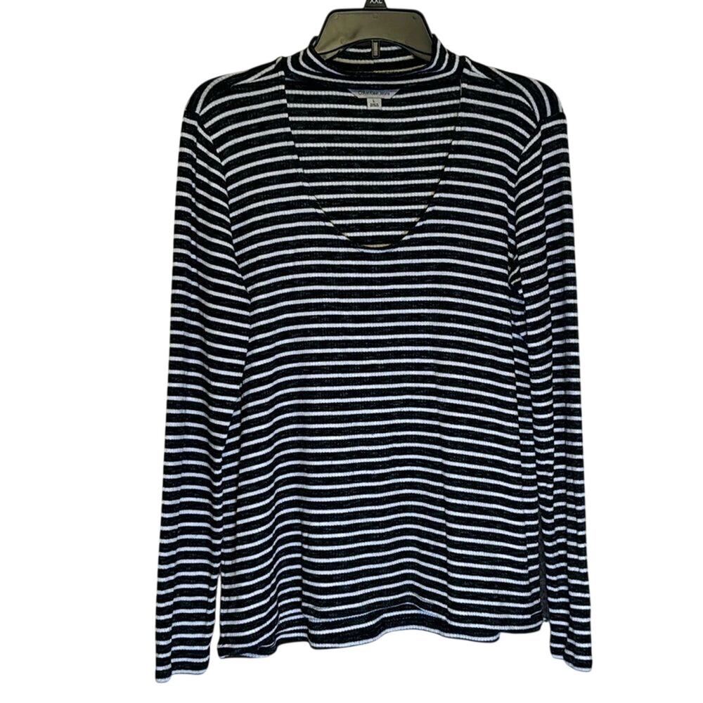 Calvin Klein Jeans Black White Striped Mock Neck Keyhole Sweater Top L